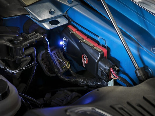 aFe Scorcher Blue Power Module for 2022-2025 Ford Bronco Raptor, Bluetooth-capable in-line performance chip on engine.