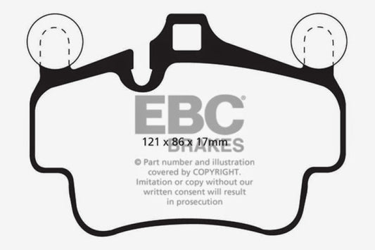 EBC performance front brake pads for Porsche 911 (997) 3.6 Carrera 2, featuring red friction material and cast iron rotor.