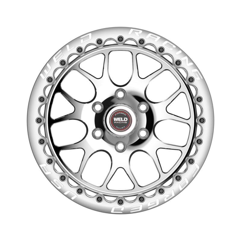 Polished Weld S77 HD Beadlock forged wheel, 15x10 inches, 5x139.7 bolt pattern, with polished center and shell for off-road vehicles.