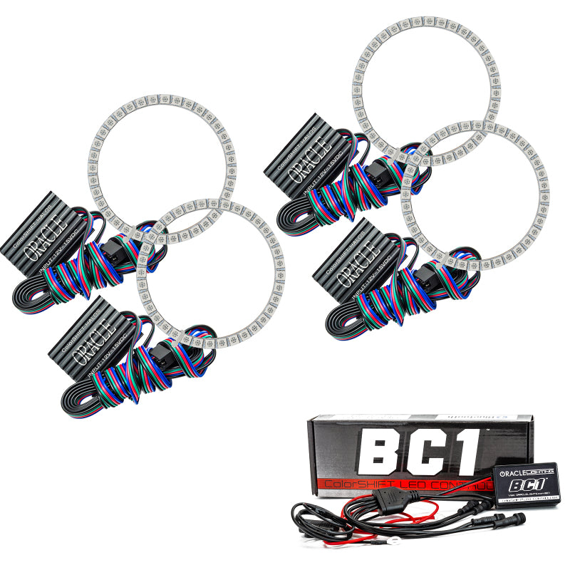 Oracle Mercedes Benz S-Class 07-09 Halo Kit with ColorSHIFT headlights and BC1 controller, showcasing illuminated halo rings on car headlights.
