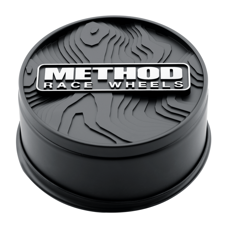 Black Method Cap TOPO 93mm push thru wheel center cap for Method Wheels, featuring a sleek design and durable construction.