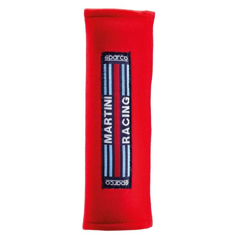 Red Sparco Belt Pad for seat belts and harnesses, featuring Martini racing design, provides comfort and style for racing seats.