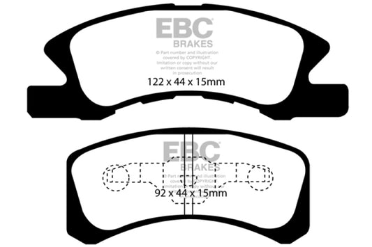 EBC 14+ Mitsubishi Mirage 1.2 Ultimax2 front brake pads, OE quality, showing the brake pad set with metal backing and friction material.