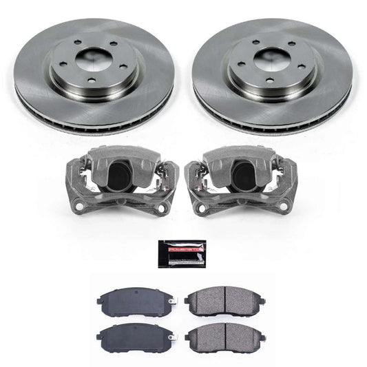 PowerStop OE brake kit with front calipers for 2007-2012 Nissan Sentra, including brake rotors and calipers, installed on vehicle.