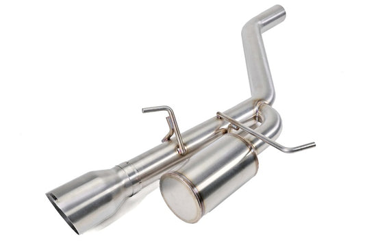 Perrin Performance 22-26 Subaru WRX single exit catback exhaust installed on a car, showing the polished metallic exhaust tip.