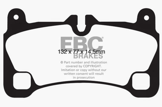 EBC Redstuff rear brake pads for 2008-2009 Volkswagen Touareg 3.6 with two holes at the bottom of the backplate, performance brake pads