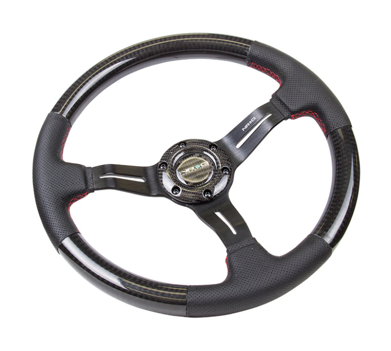 NRG carbon fiber steering wheel with leather trim, red stitching, slit cutout spokes, 350mm diameter, 1.5-inch deep design