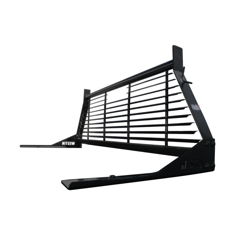 Black Westin headache rack for Chevrolet, Ford, GMC, and Toyota Silverado and Sierra 1500, 2500, 3500 HD pickup trucks.