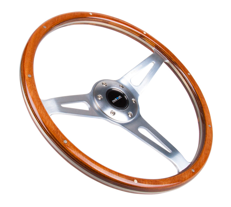 NRG Classic wood grain steering wheel with metal accents, 365mm diameter, 3-spoke polished aluminum center for vehicle interior.