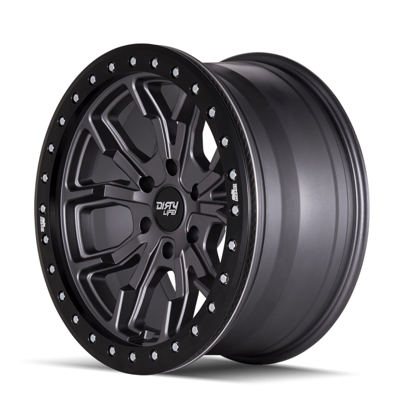 Dirty Life DT-1 17x9 cast wheel, matte gunmetal finish with beadlock, 6x139.7 bolt pattern, -12mm offset, 106mm hub.