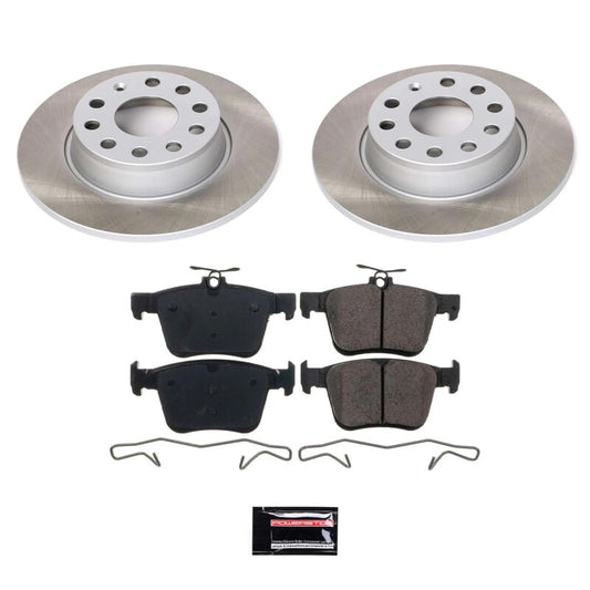 PowerStop rear semi-coated rotor kit for Volkswagen e-Golf 2015-2019, showing brake rotors and hardware in a clean automotive setting.