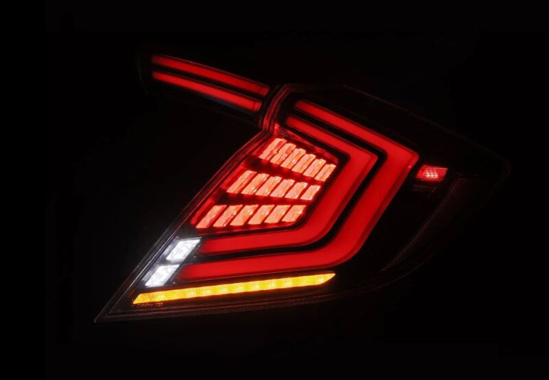Pair of AlphaRex Nova-Series LED tail lights in black for 2016-2021 Honda Civic Hatchback Type-R FK8, showcasing sleek design.