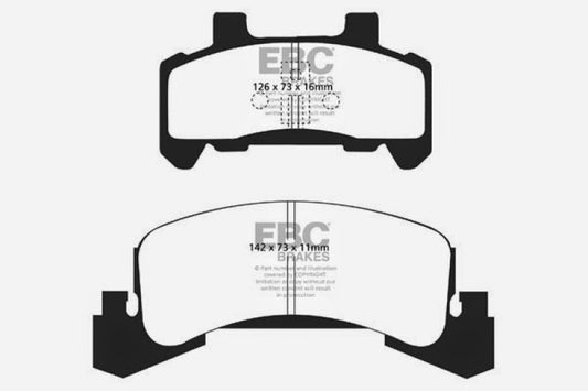 EBC Ultimax2 front brake pads for 1985-87 Buick Skyhawk 1.8 Turbo, OE style, with metal backing and friction material.