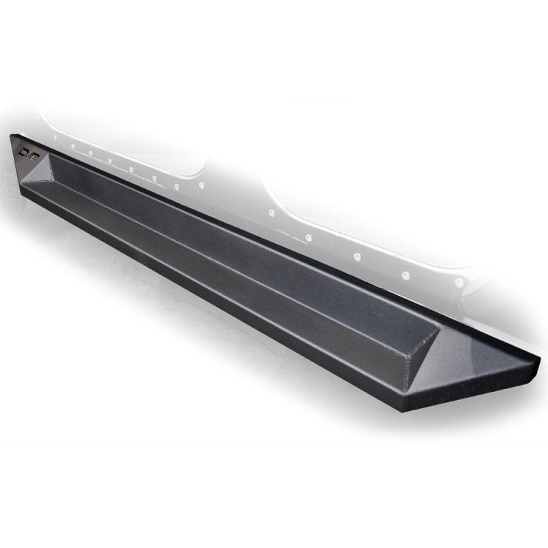 DV8 Offroad Jeep Wrangler JK side steps, plated steel rock slider steps in matte black for 4-door models, visible on vehicle side.