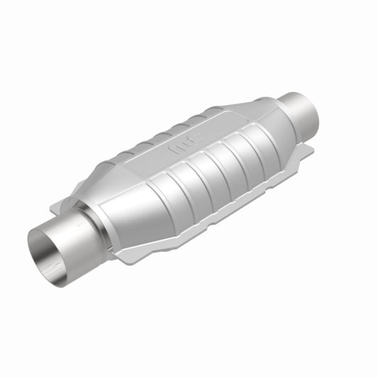 MagnaFlow universal catalytic converter with 2.25-inch T2 rear design, showcasing the metal body and inlet/outlet pipes.