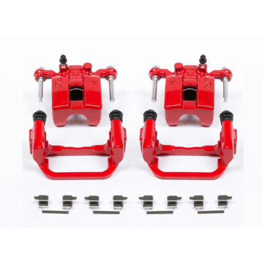 Pair of PowerStop red rear brake calipers with brackets for Infiniti G35 (2003-2005) rear performance brake upgrade.