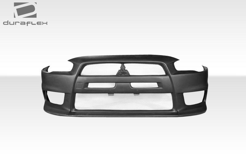 Duraflex Evo X V3 front bumper for 2008-2017 Mitsubishi Lancer, showcasing sleek design and durable material in a close-up view.