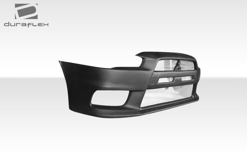 Duraflex Evo X V3 front bumper for 2008-2017 Mitsubishi Lancer, showcasing the sleek, aerodynamic design and detailed styling.