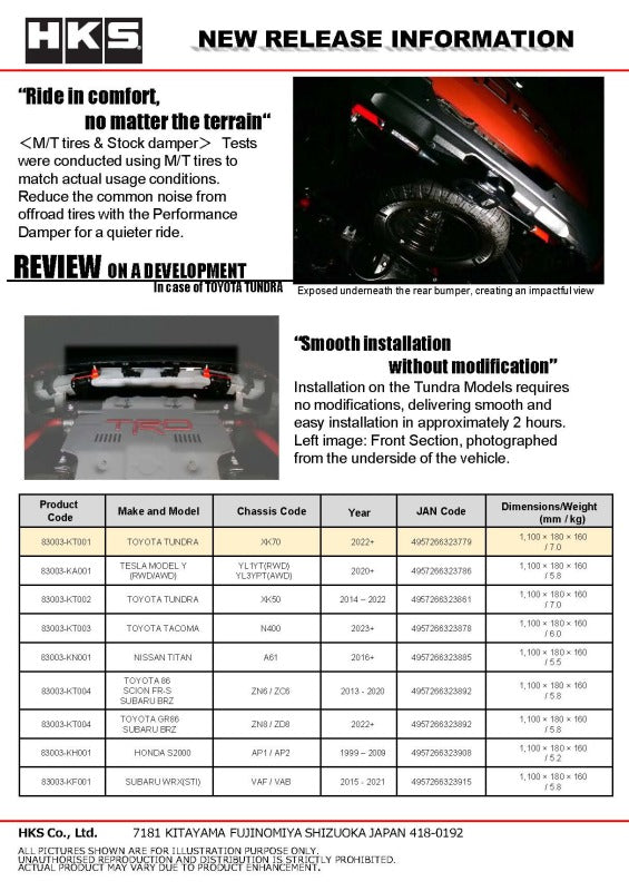 HKS performance steering damper for 2022+ Toyota Tundra, installed on the vehicle's front suspension system.