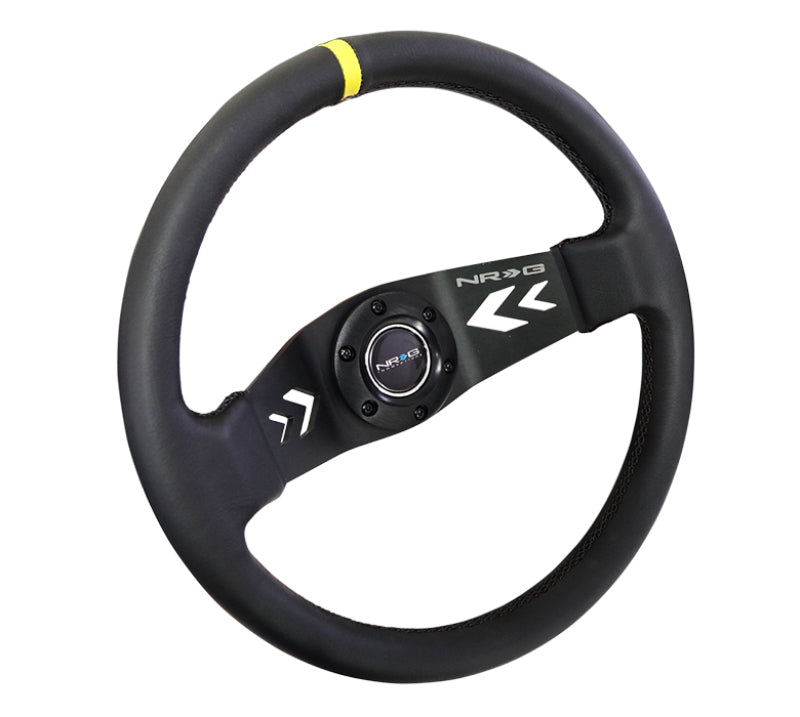 NRG reinforced black leather steering wheel with yellow arrow-cut 2-spoke design, 350mm diameter, 3-inch deep, car interior accessory