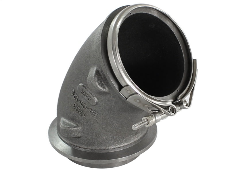 aFe BladeRunner turbocharger turbine elbow replacement for Ford 99.5-03 7.3L Turbo upgrade component, metal exhaust elbow with mounting points.