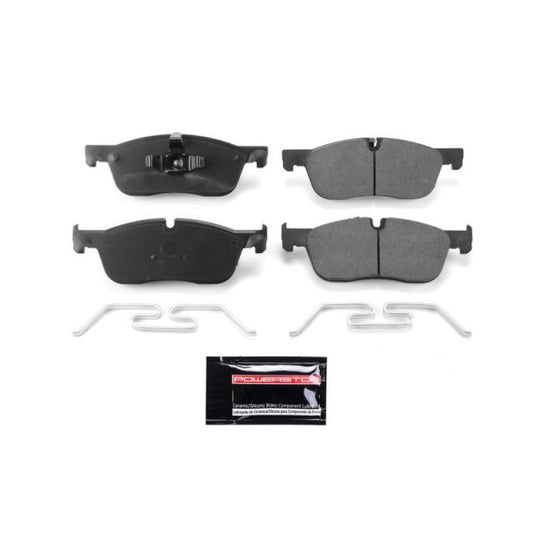 PowerStop Z23 Evolution Sport brake pads with hardware for 2018 Jaguar E-Pace front braking system, performance automotive brake component.