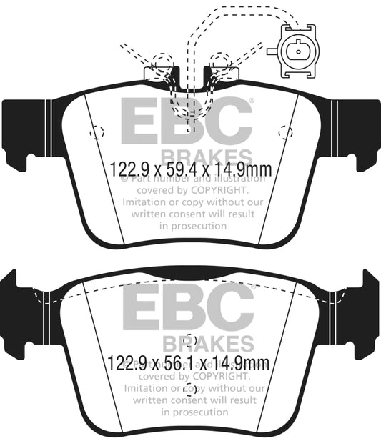 EBC 17+ Alfa Romeo Giulia 2.0L Turbo Ultimax rear brake pads, OE quality, showing brake pad set with metal backing and friction material