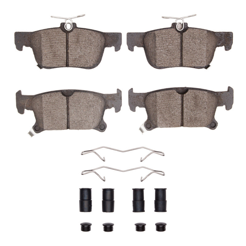 R1 Concepts OE rear ceramic brake pads and hardware kit for Buick Envision 2016-2020, showing metallic brake pads and hardware components.