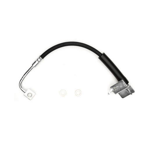 DFC Ford Mustang front right brake hose from the brake line kit, showing the flexible hydraulic brake line with fittings.