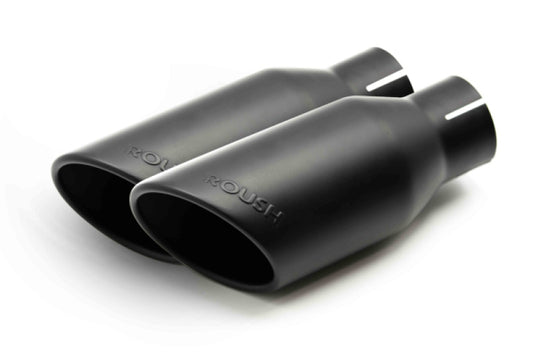 Roush black exhaust tips for Ford F-150 5.0L, dual tips, 4-inch diameter, pair of polished black metal tips in the image.