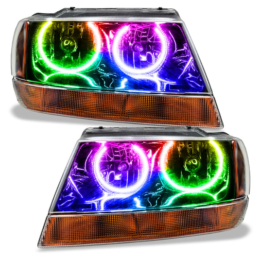 Oracle Lighting Jeep Grand Cherokee 99-04 black SMD headlights with ColorSHIFT and 2.0 controller, showing the sleek headlight design.