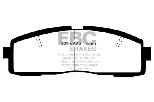 EBC Greenstuff rear brake pads for Toyota Supra 2.8, performance brake pads, shown in a close-up image.