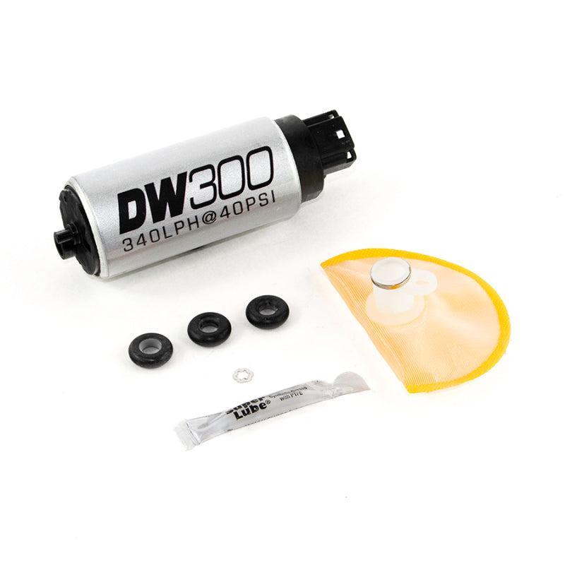 DeatschWerks 340 LPH in-tank fuel pump with setup kit for 2003-2008 G35 and 350Z, featuring pump and installation components.