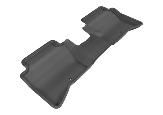 Black 3D MAXpider rubber floor mats for second row of Kia Rio and Rio5 (2014-2017), designed to protect vehicle flooring.