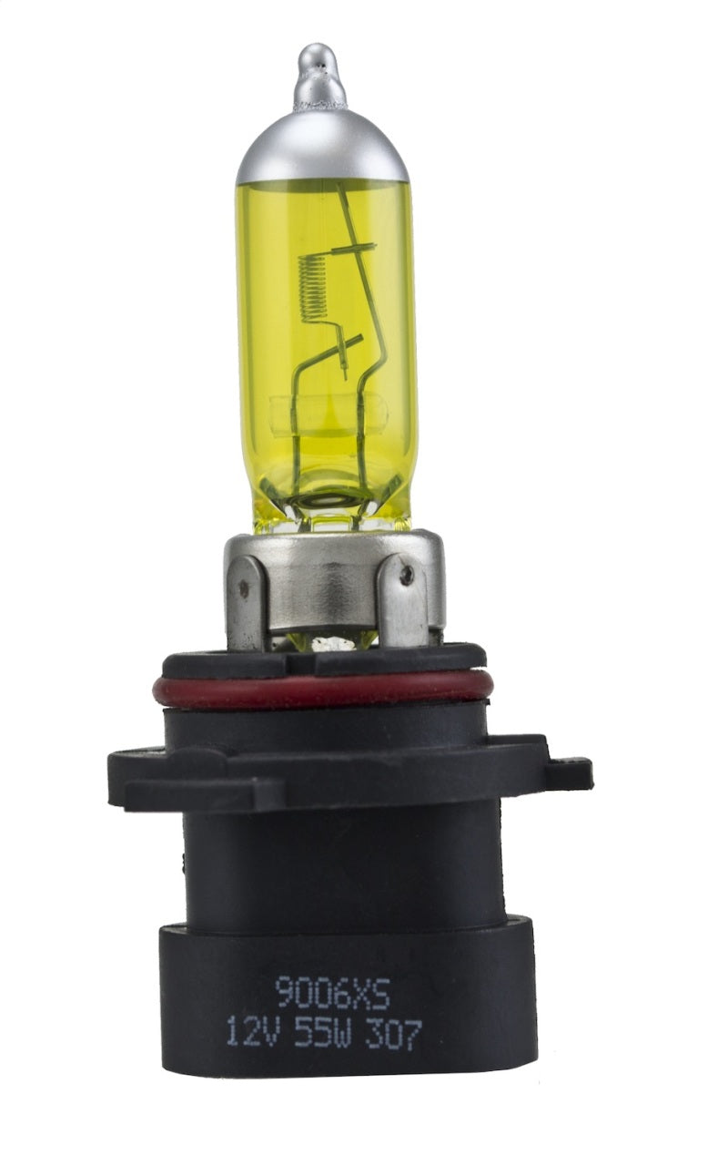 Hella 9006XS 12V 55W Xen Pure Ylw XY bulbs, two automotive headlight bulbs with yellow tint, shown in the image.