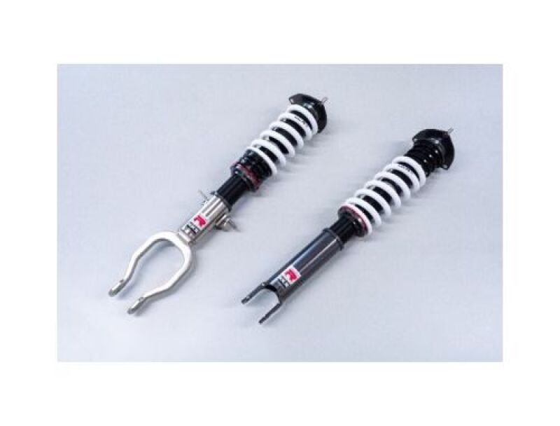 HKS Hipermax R coilover kit for Nissan R35 GTR showing adjustable shock absorbers and coil springs in a detailed view.