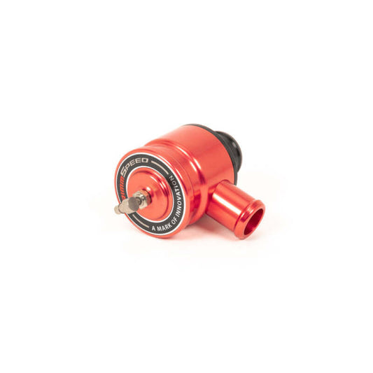 Red GrimmSpeed 15-21 Subaru WRX V2 turbo bypass valve installed on engine with visible hoses and mounting hardware.