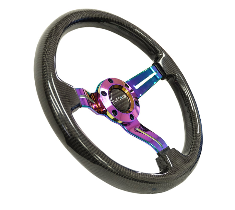 NRG carbon fiber 350mm steering wheel with neochrome finish, 3-spoke design, slit cut accents, deep dish style for racing cars