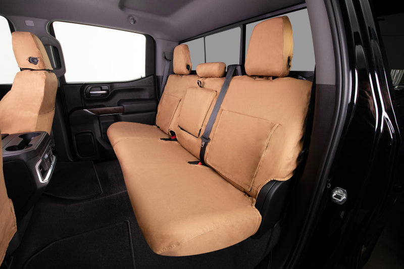 Covercraft tan Polycotton front seat covers for Chevrolet 1500 2010-2013 pickup truck, custom-fit for front row seats.