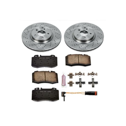 PowerStop OE front brake kit for 2004 Mercedes-Benz C230 showing brake rotors and pads installed