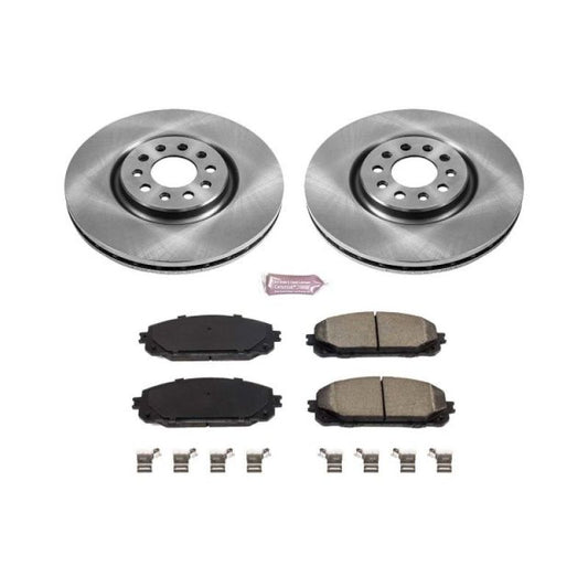 PowerStop OE front brake kit for 2017-2019 Jeep Cherokee, including brake rotors and pads, installed on the vehicle.