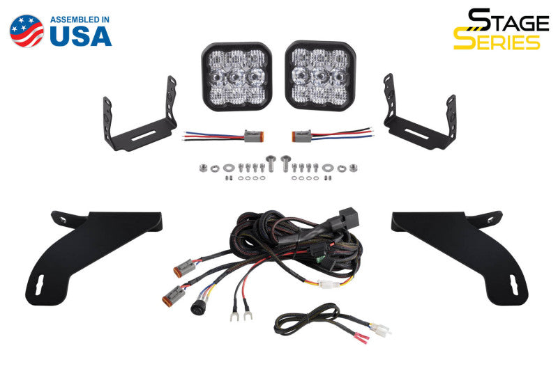 Diode Dynamics Ford F-150 21-22 SS5 bumper LED pod light kit with yellow driving lights on a vehicle bumper.