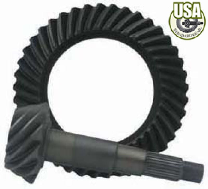 Yukon Gear & Axle USA Standard ring and pinion gear set for GM 8.2-inch final drive, 3.73 ratio, close-up of gear teeth.