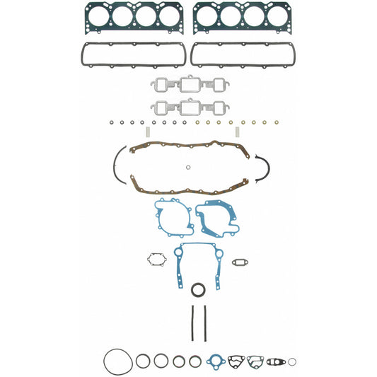 Fel-Pro Oldsmobile Delta 88 engine gasket set with multiple gaskets and seals laid out on a white background.