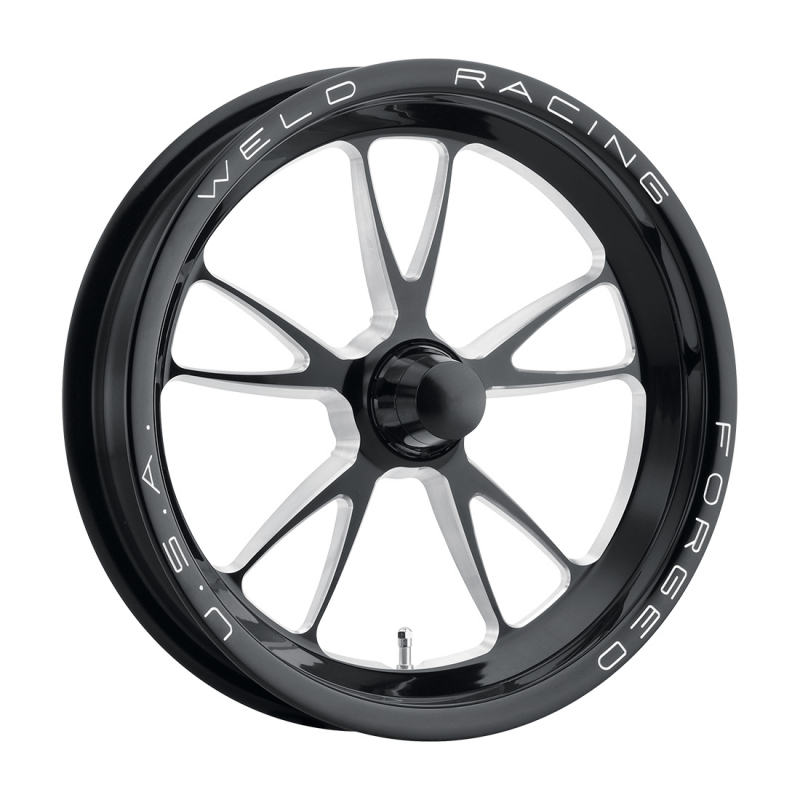 Weld Full Throttle Frontrunner 17x3.5 forged wheel in gloss black milled finish with Anglia Spindle and 0 offset, non-BL wheel.