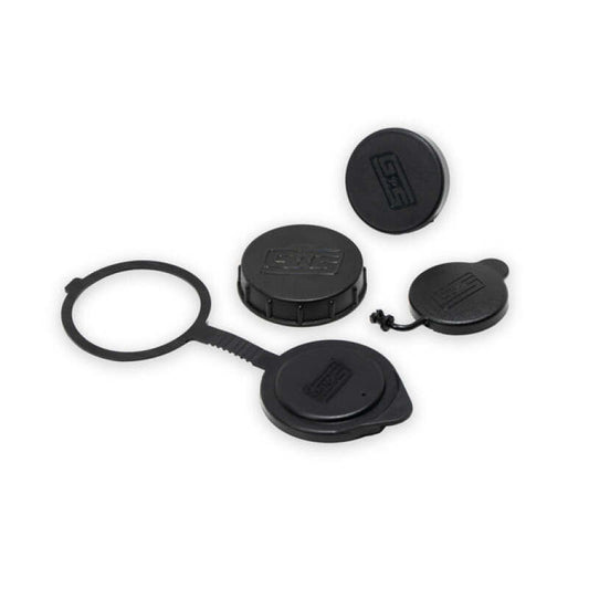 Black GrimmSpeed engine bay dress-up caps on reservoirs for 2013+ Subaru BRZ and 2022+ Subaru WRX engine bays.