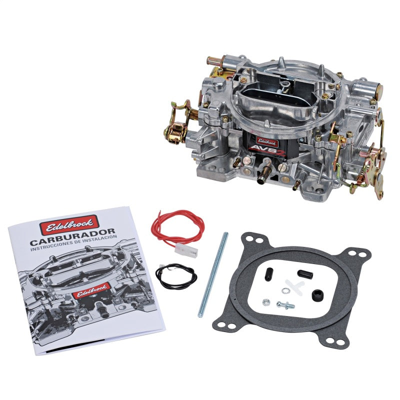 Edelbrock AVS2 500 CFM carburetor with manual choke in satin finish, designed for high-performance automotive engines.