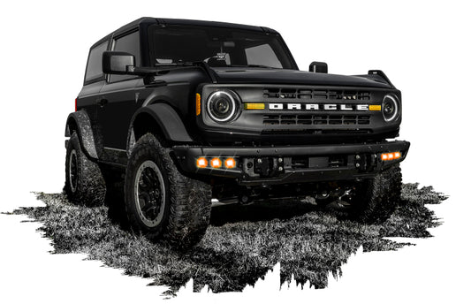 Oracle Lighting Ford Bronco high-mounted triple LED fog light kit installed on steel bumper for 2021-2022 models.