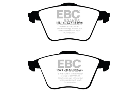 EBC Redstuff front brake pads for Mazda 3 2.3 Turbo, performance brake pads with red friction material, shown in the image.