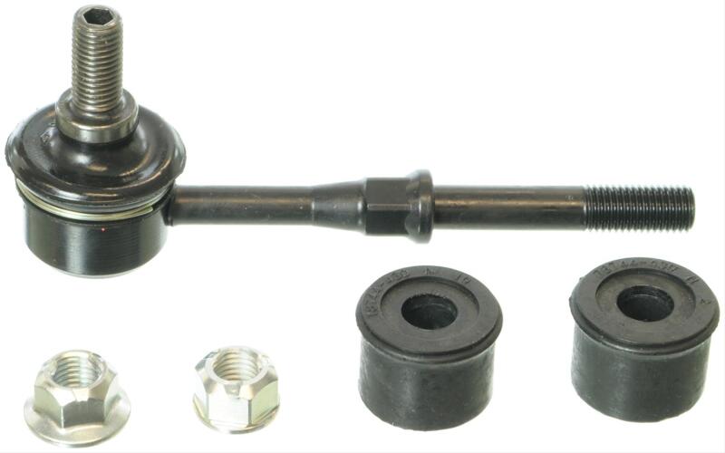 Moog rear sway bar endlink for Mitsubishi Lancer 2002-2007, showing the metal link with rubber bushings for suspension stability.